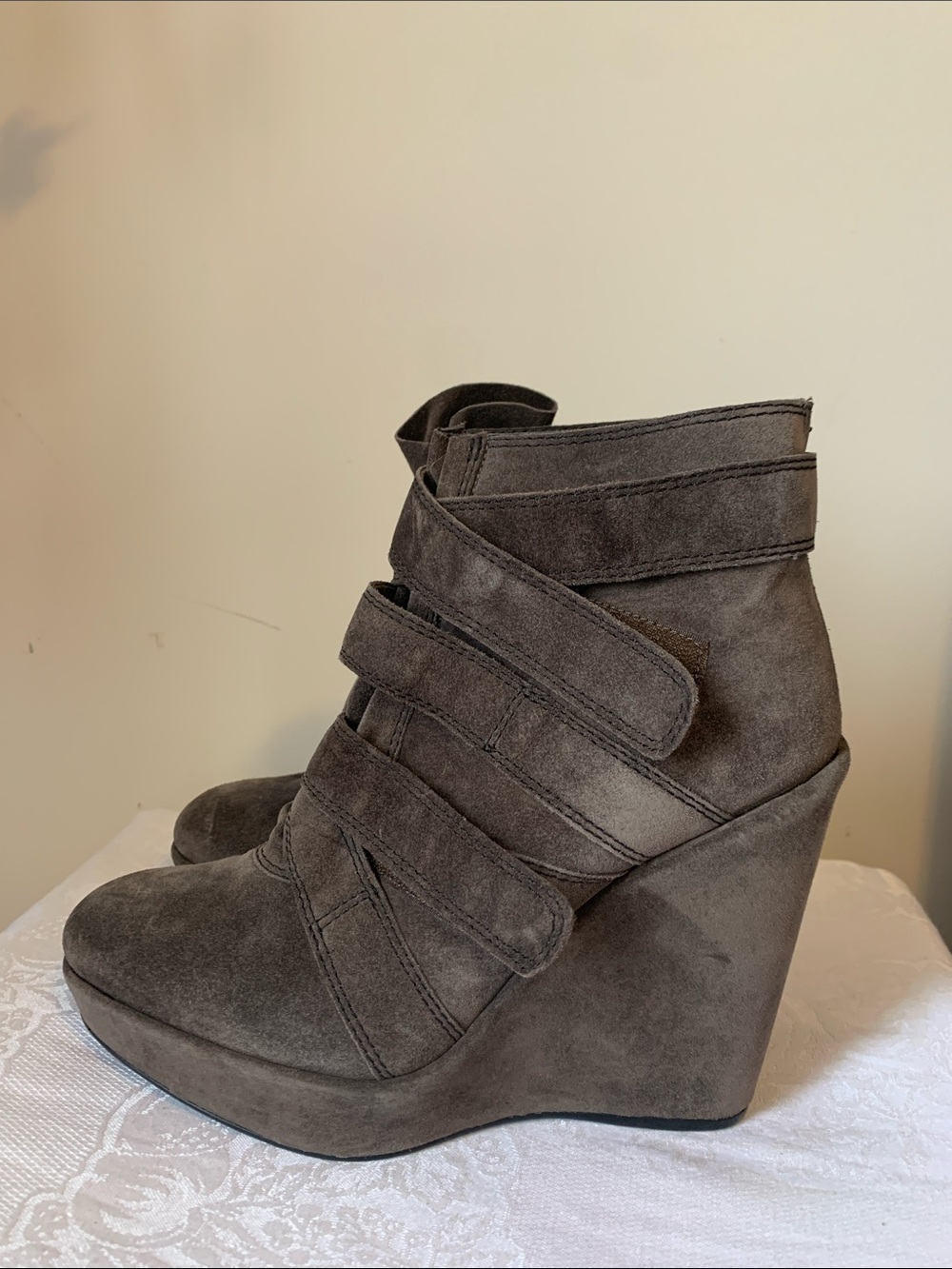 Women's Dark Gray Suede Wedge Booties with Wrap Straps